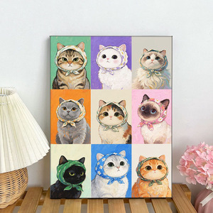 diy数字油画萌系头巾小猫系列手工填充涂填色油画解压治愈装饰画