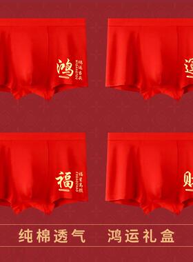 马年本命年男士内裤红色四平角裤大码纯棉结婚礼物男生红短裤属马