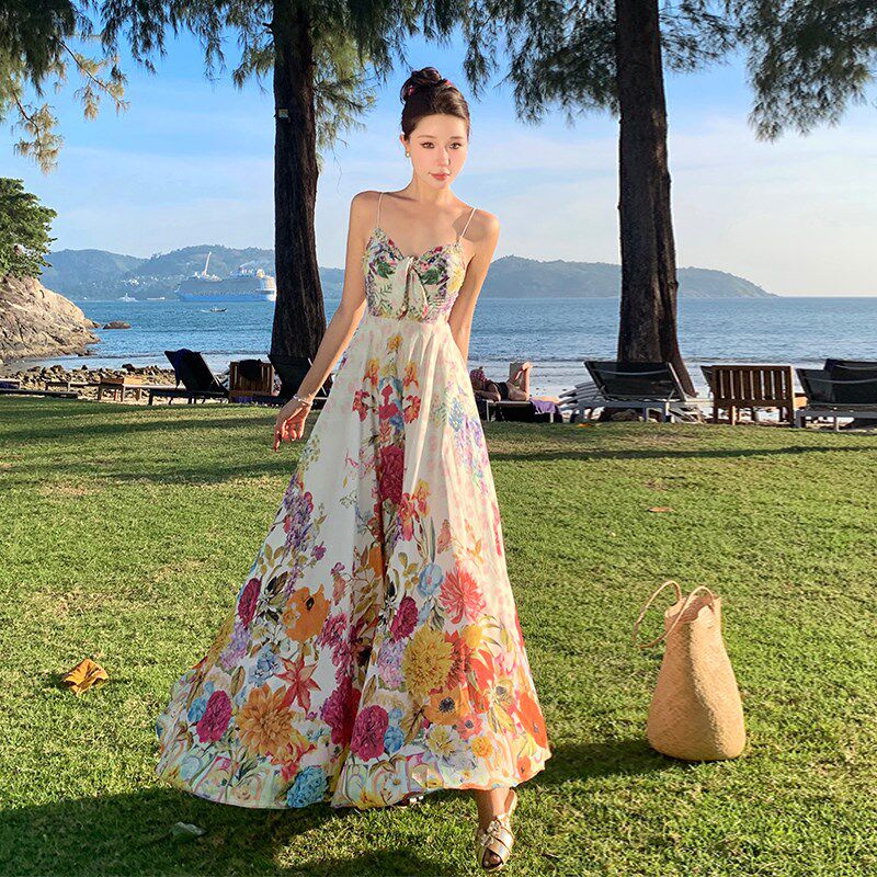 速发泰国海边沙滩长裙花朵裙子亚碎花高腰吊带大裙摆连衣裙