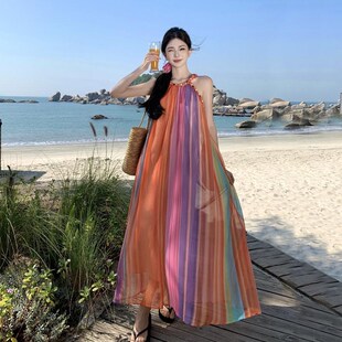 速发海边拍照多巴胺彩虹色沙假风连衣裙橙色长滩拍照挂脖吊带度裙