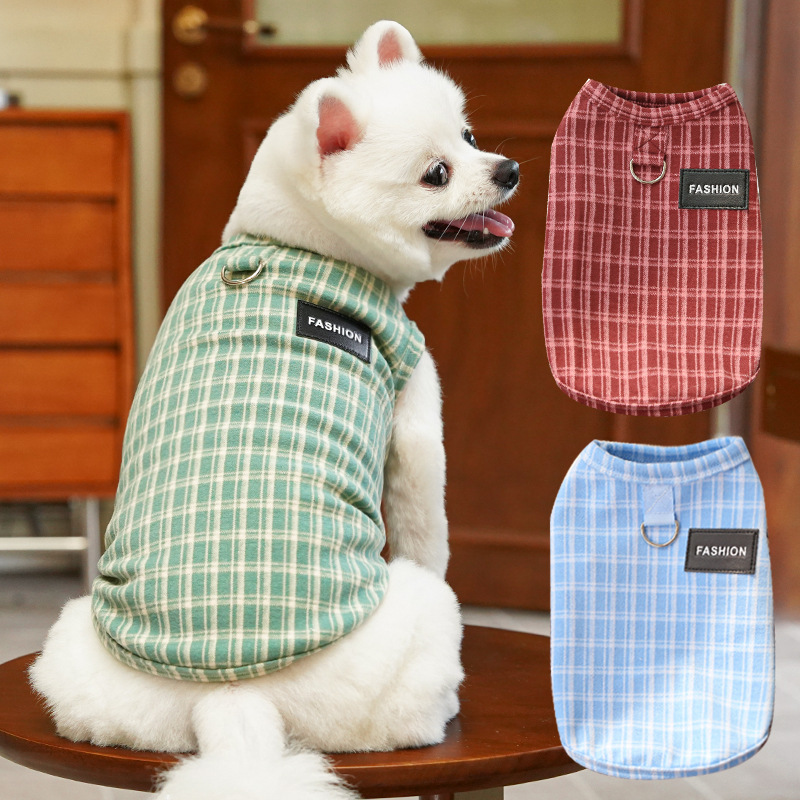 宠物狗狗猫咪衣服可牵引秋冬日系复古格子两脚衣幼犬布偶博美比熊