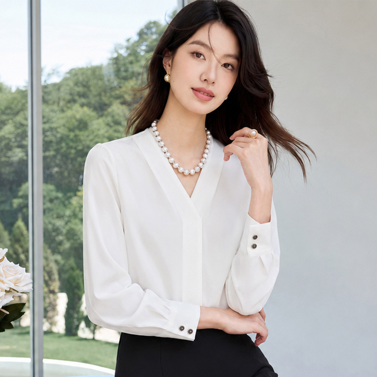 艾尚臣轻熟通勤风V领白色衬衫女长袖气质百搭显瘦半开领职场正装