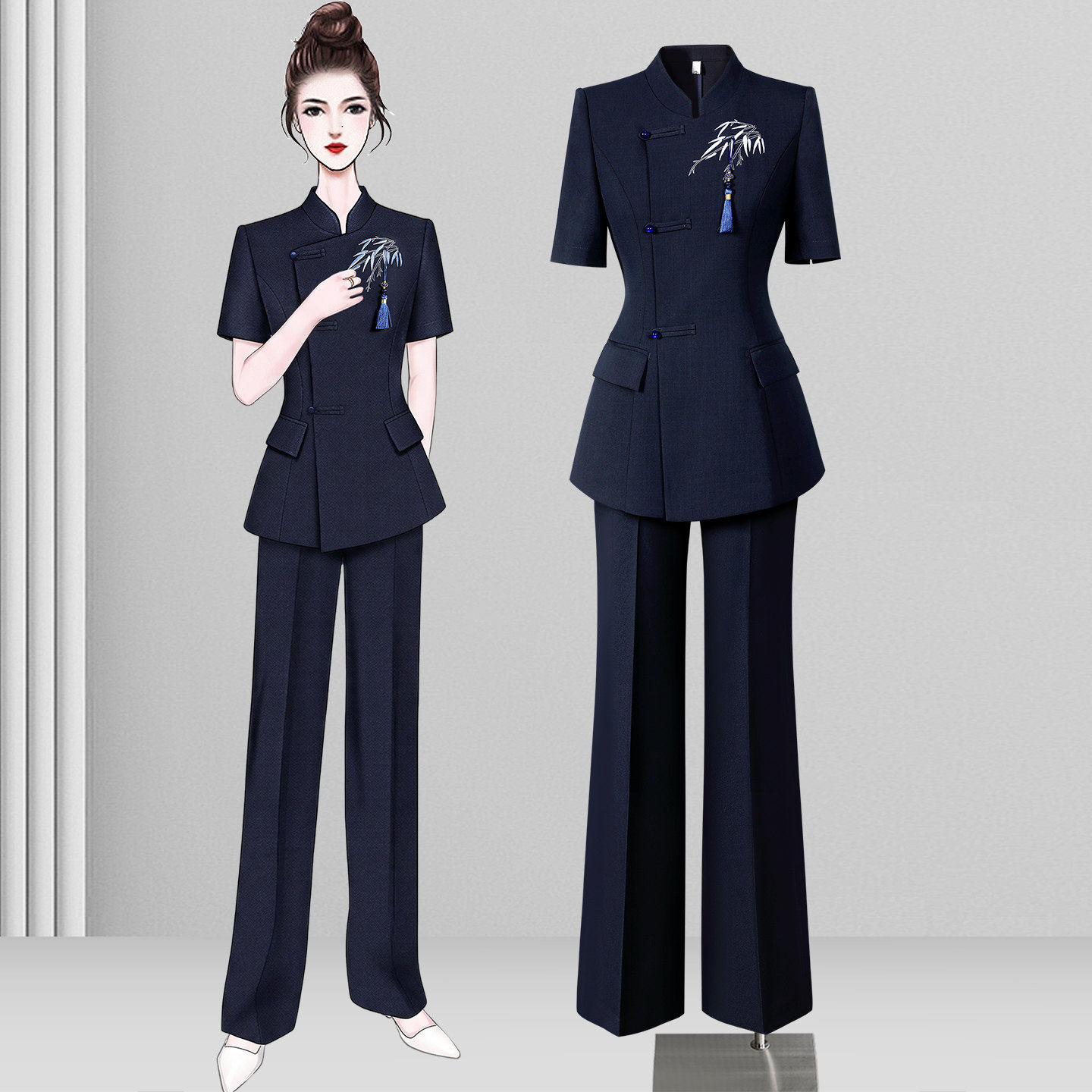 新中式西装套装女夏薄款短袖茶楼售楼部前台美容院工作服职业气质