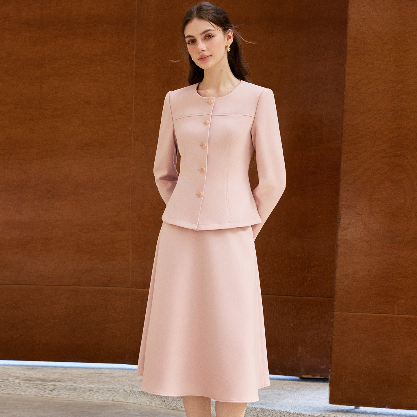 艾尚臣粉色小香风圆领西装套装裙女士秋冬千金风高级感气质两件套