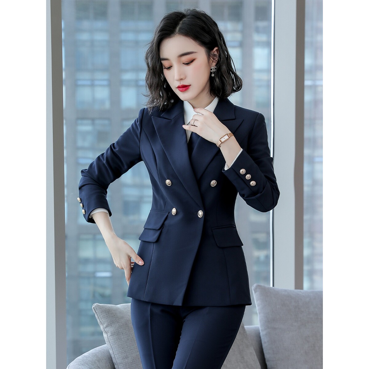 诗璐雅通勤职业装气质秋冬双排扣修身西装外套女物业酒店经理工装