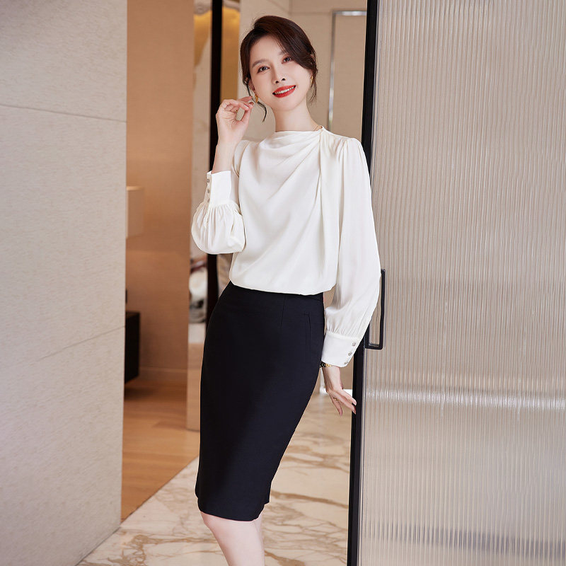 诗璐雅长袖衬衫套装女奶白色衬衣西裙两件套半高领通勤气质职业装