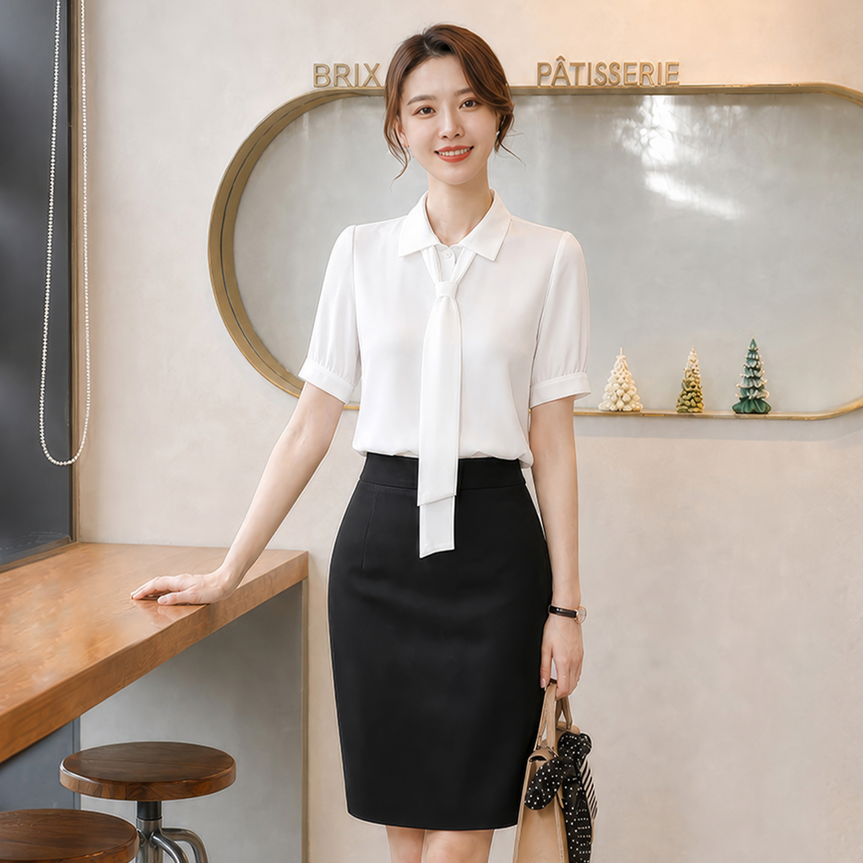 诗璐雅夏季短袖飘带衬衫西裙两件套女气质通勤职业衬衣套装工作服