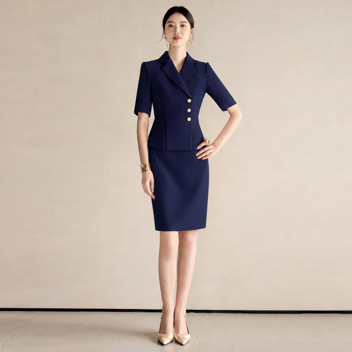 艾尚臣藏青色职业装连衣裙女夏假两件西装裙高级感修身显瘦职场风