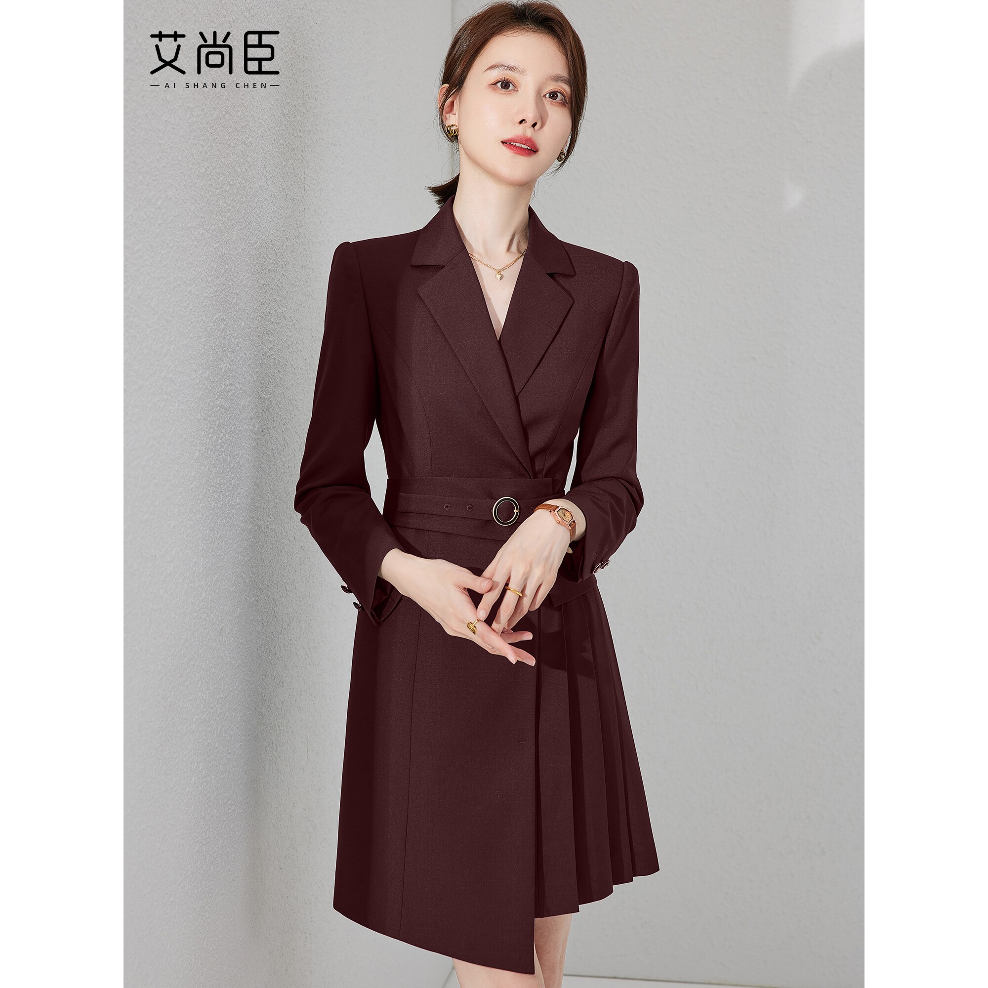 艾尚臣职业西装连衣裙2025秋季新款气质收腰女装安可拉红职业装裙
