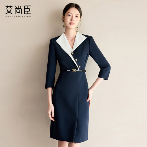艾尚臣藏青色西装连衣裙高级感气质V领轻熟风连衣裙通勤职场正装