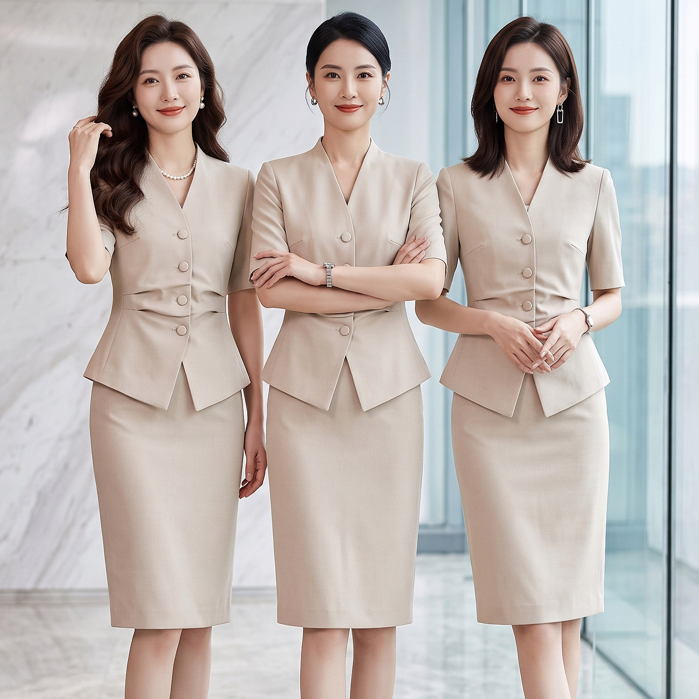 艾尚臣团队职业装工作服短袖夏季学术会议显瘦气质通勤西装套装薄