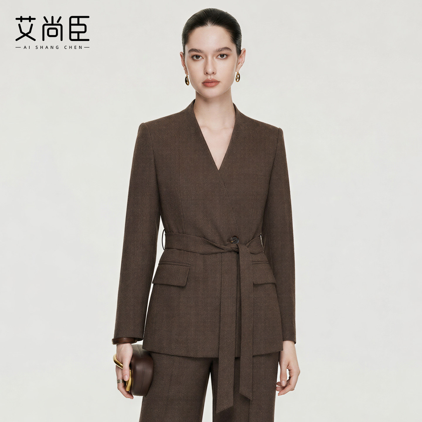 艾尚臣职业风深可可棕V领收腰系带西装套装女秋冬通勤气质两件套