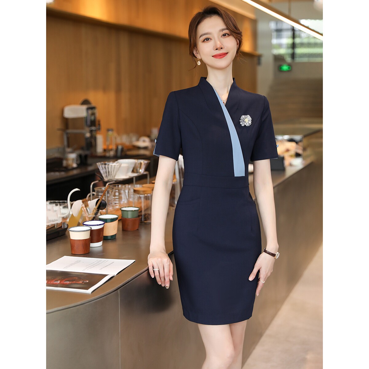诗璐雅韩版高端讲师职业装连衣裙夏季短袖时尚总裁商务正装女裙子