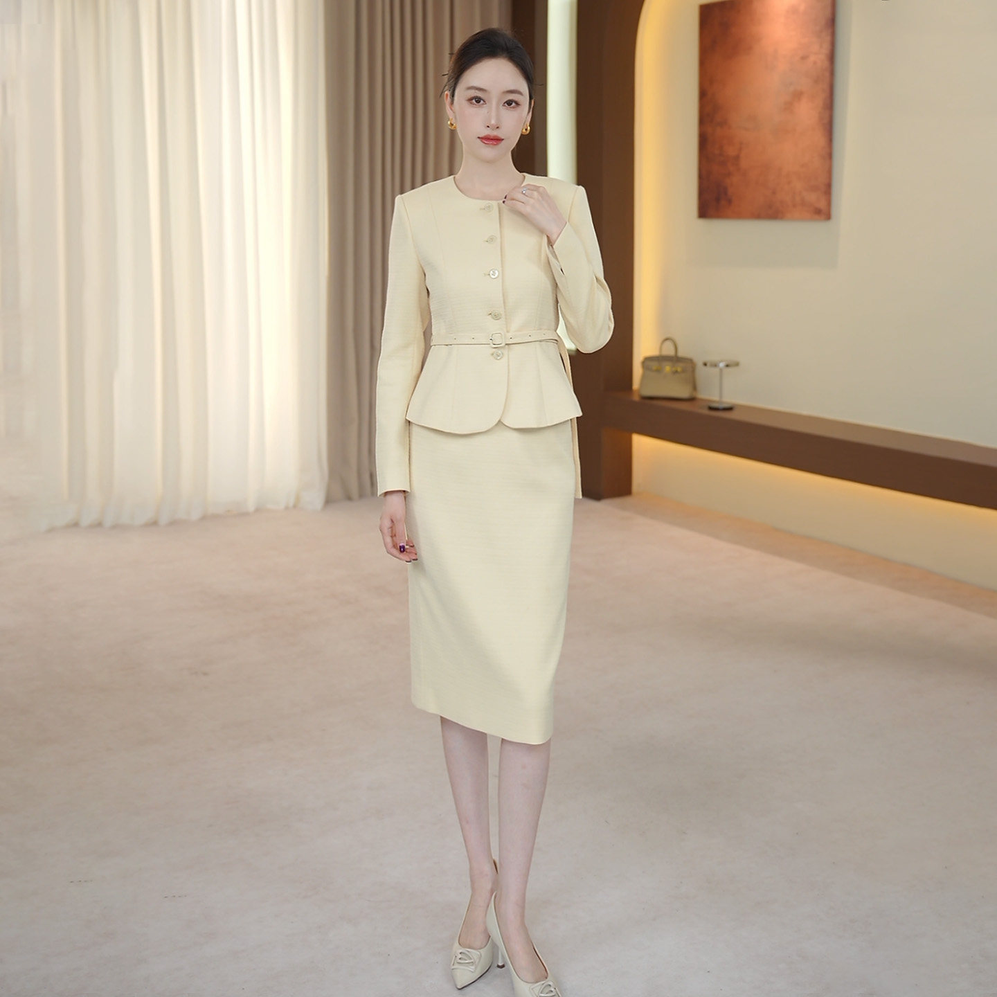 钟老板 戚风黄小香风西装外套半身裙套装女2026秋季新款职业正装