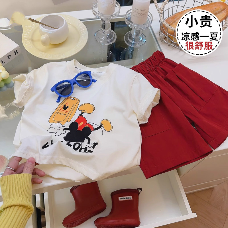 男童夏装套装2025新款儿童卡通洋气短袖t恤男宝宝红色卫裤两件套