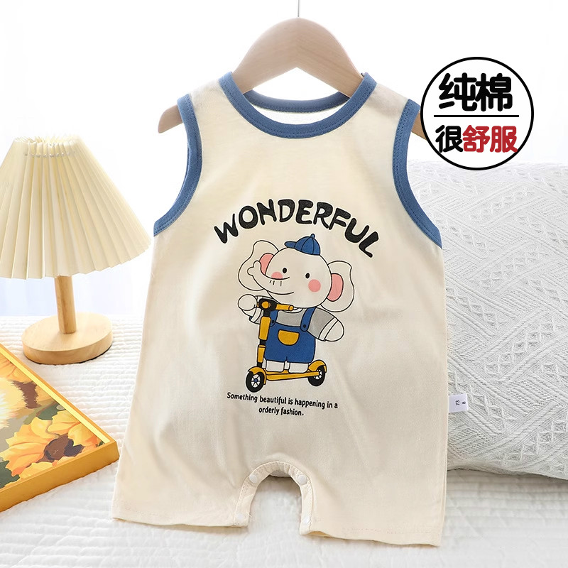 婴儿爬服睡衣夏季纯棉宝宝连体衣男童薄款哈衣背心夏款儿童家居服