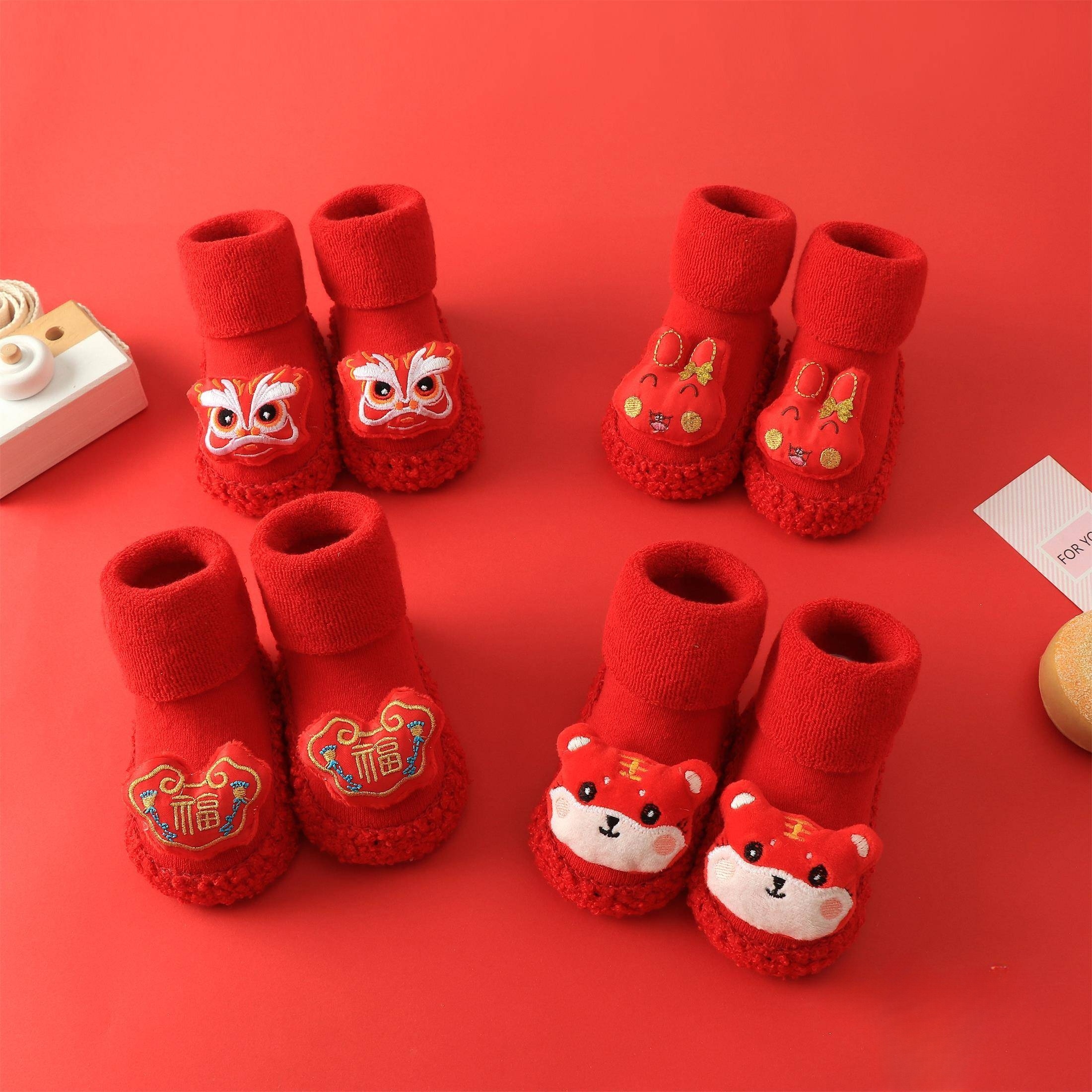 婴儿鞋袜秋冬款新年袜鞋宝宝大红地板袜子软底防滑学步袜鞋01-2岁