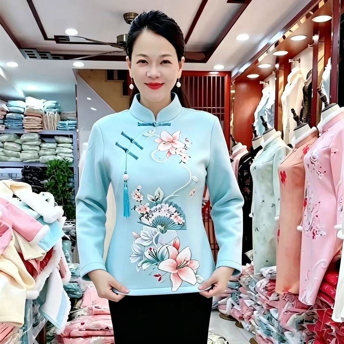 2026秋冬款加厚花卉民族风中式旗袍卫衣女中老年改良旗袍短款上衣