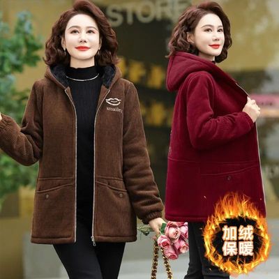中年妈妈新款加绒加厚连帽休闲卫衣冬季中长款外套时尚保暖开衫女