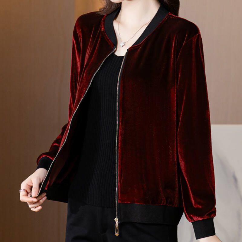 秋季金丝绒棒球服中年妈妈长袖开衫短外套女2026早春新款洋气上衣