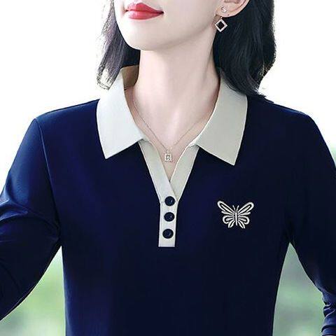 春秋季内搭长袖打底衫t恤女中老年翻领polo衫妈妈装薄款休闲上衣