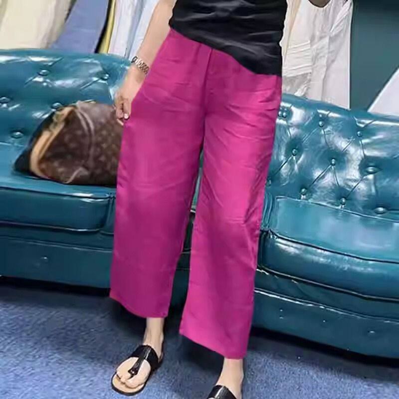 夏季薄款冰丝仿棉麻女士垂感直筒裤时尚宽松休闲九分裤高腰阔腿裤