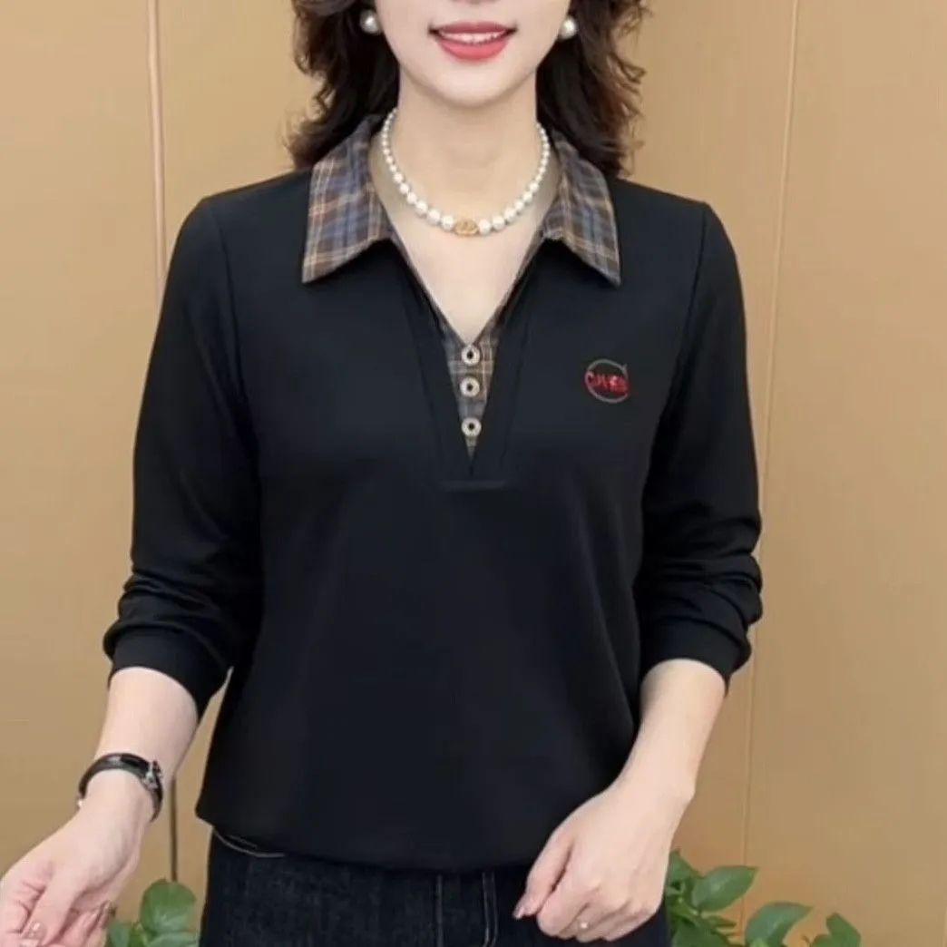 时尚妈妈装假两件翻领长袖T恤秋装百搭休闲格子拼接女装减龄上衣