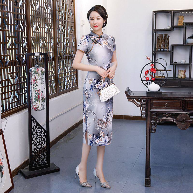 夏季旗袍中长款2026新款气质修身斜襟低开衩短袖连衣裙中年妈妈装
