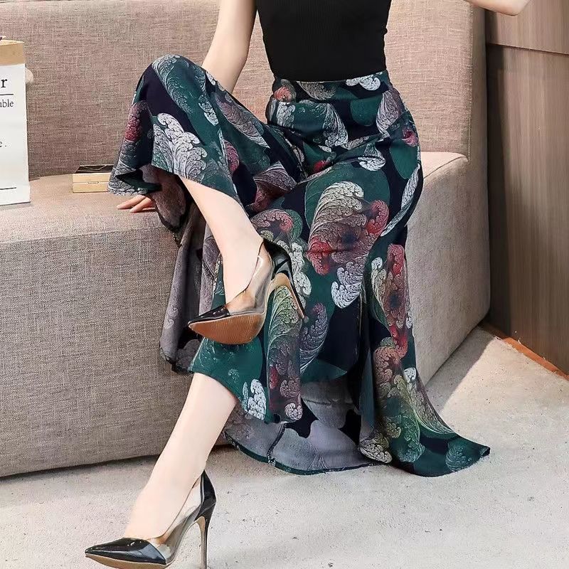 夏季新款九分阔腿裤女清凉垂感裙裤松紧高腰薄裤子中年妈妈跳舞裤