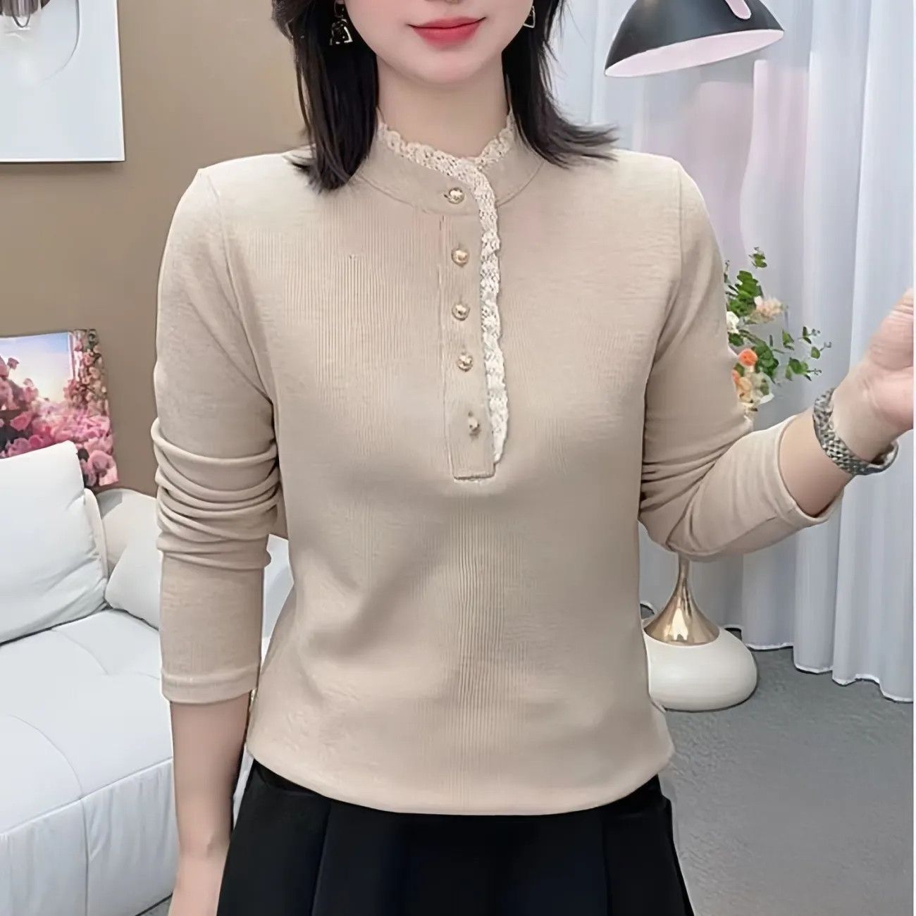 秋冬季德绒长袖女拼接花边蕾丝领保暖打底衫女内搭洋气大码上衣女