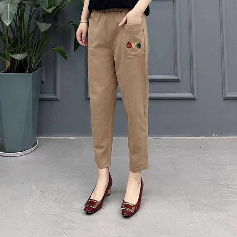 新款棉麻春秋季大码休闲女裤宽松卡其色哈伦裤高腰显瘦妈妈九分裤