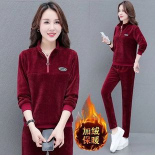 灯芯绒运动套装女秋冬季时尚洋气加绒加厚中年妈妈休闲卫衣两件套