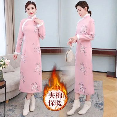 秋冬季加绒加厚高贵中国风改良新款旗袍连衣裙女中长款气质打底裙