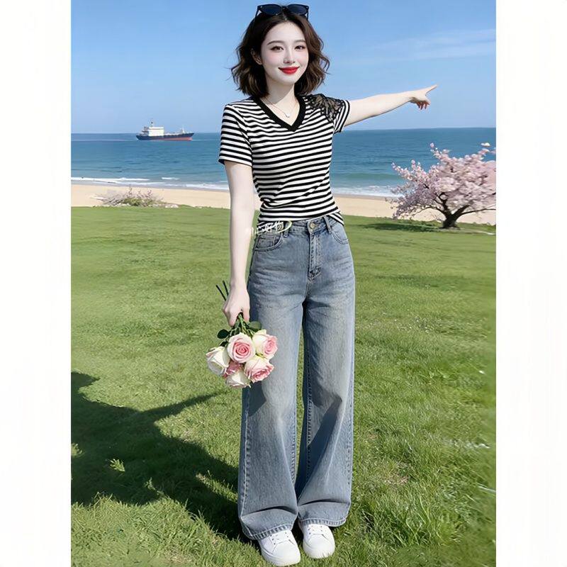 2026夏季新品时尚薄款显瘦打底衫百搭显瘦V领条纹短袖T恤女士上衣