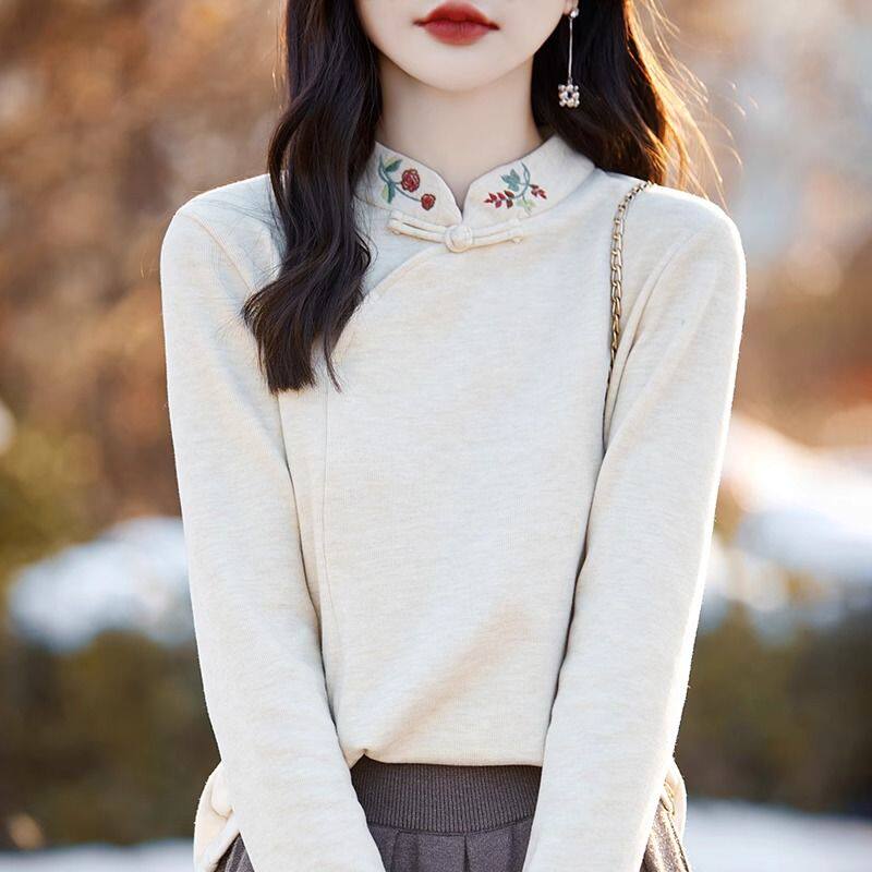 秋季新中式国风刺绣半高领长袖打底衫女秋冬内搭加厚上衣立领T恤