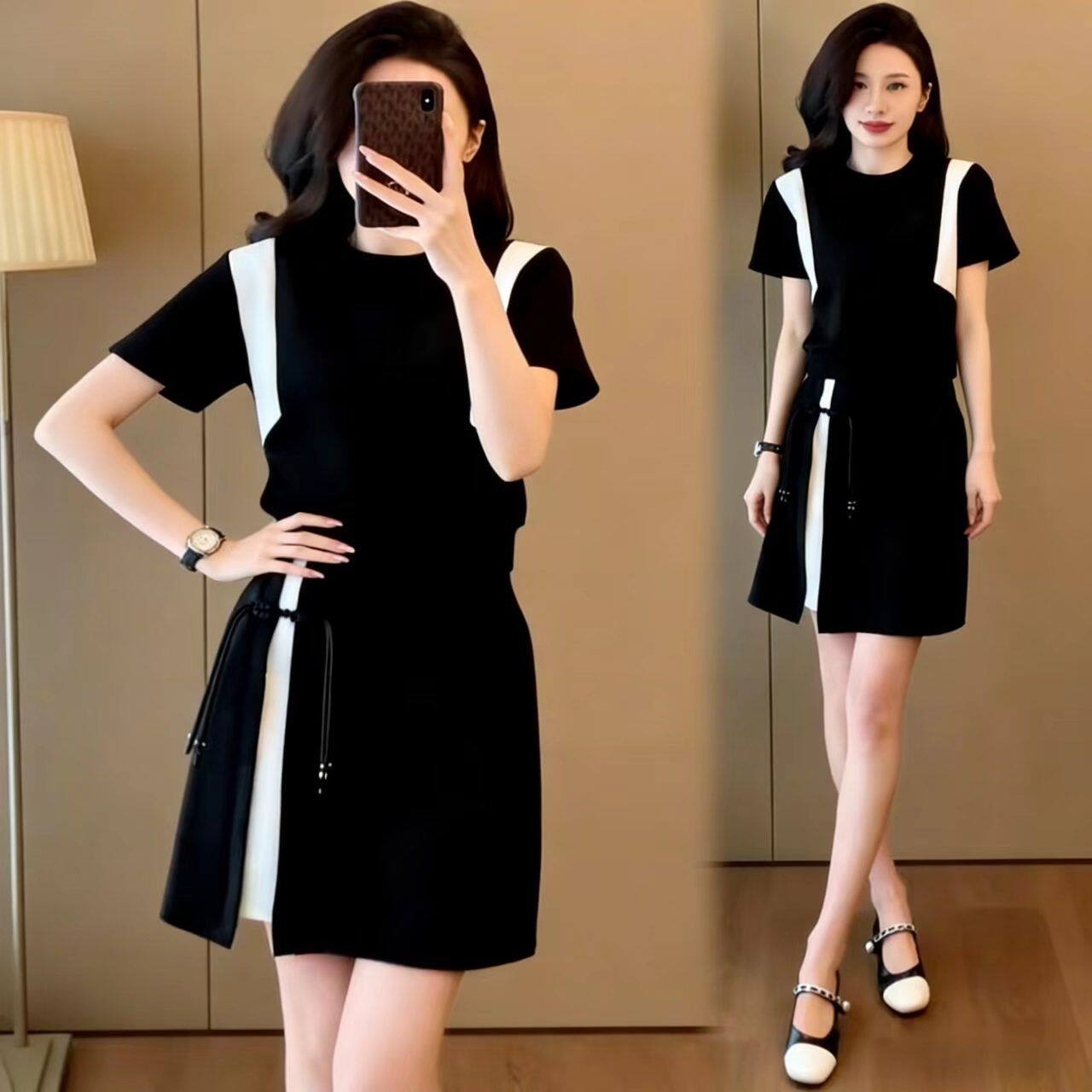 欧洲站时尚大码套装女夏季新款设计感小众短袖短裙拼接两件套潮女