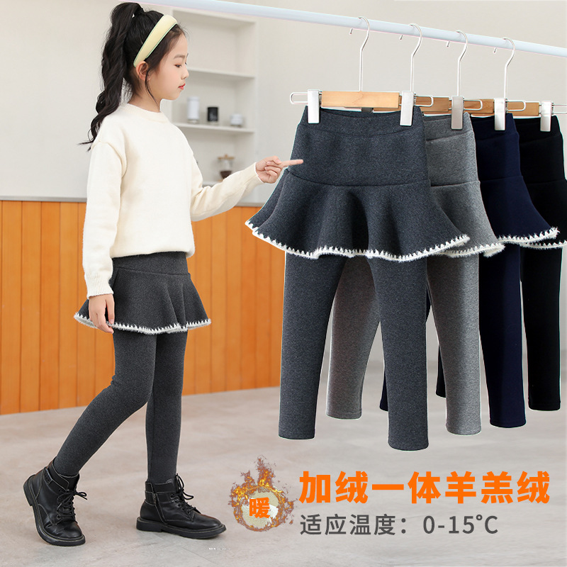 女童裙裤假两件秋冬装加绒加厚儿童一体绒打底裤宝宝冬季外穿长裤