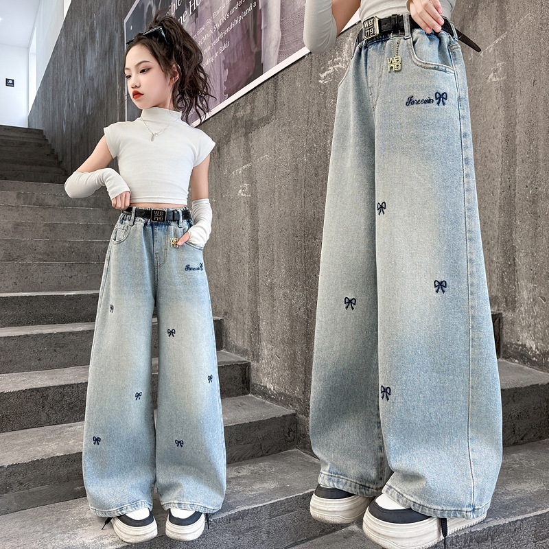 女童牛仔裤春秋2025新品儿童洋气直筒外穿裤子大童炸街宽松阔腿裤