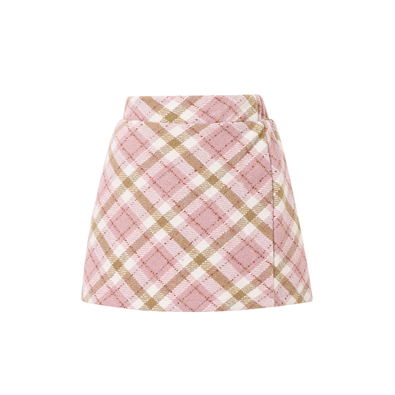 童装儿童粉色格纹毛呢半身裙女童2025新款秋冬jk短裙a字包臀裙裤9
