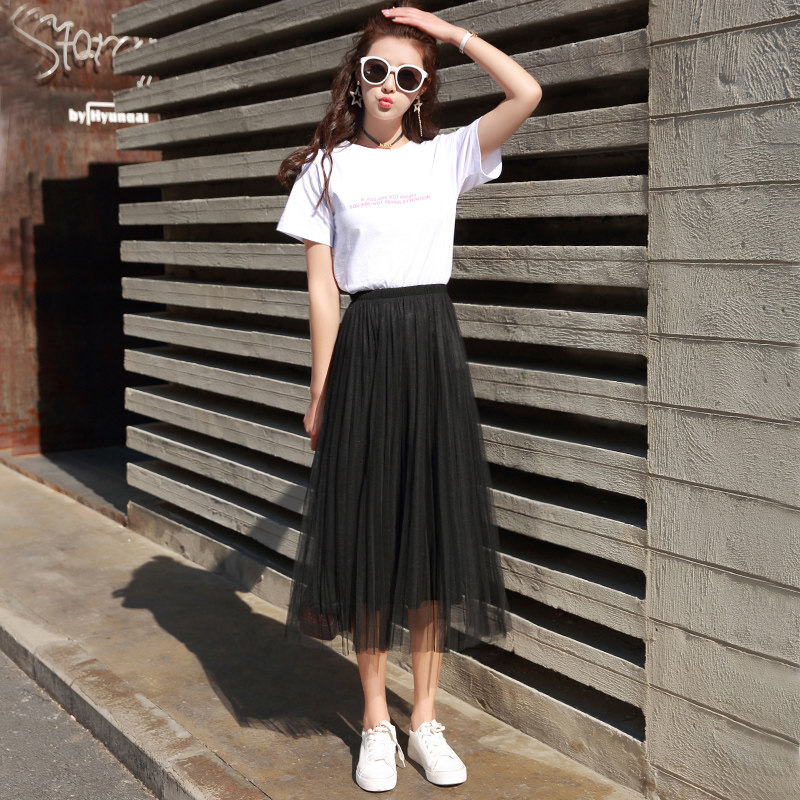 半身裙女2020新款网纱裙子春夏百褶裙长裙仙女裙中长款黑色纱裙子