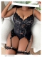 欧美2024黑色蕾丝性感拼接透视修身 女三件套 带腿围蕾丝文胸套装