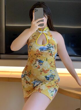 胖老婆大码新款民国风旗袍印花顺滑柔婉美丽内衣睡裙睡衣连衣裙