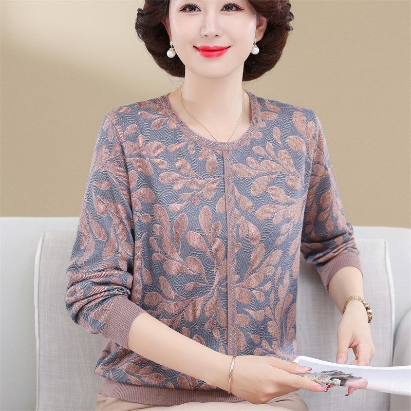 速发妈气洋妈装宽松圆领真丝T恤上衣50岁中老年人针织长袖大码打