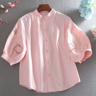 速发春款韩版镂空绣袖领棉立纯夏薄款宽松刺中衬衣