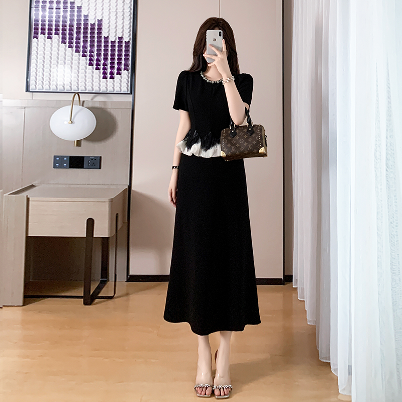 法式重工连衣裙女2026夏季新款气质修身显瘦高级感假两件套长裙子