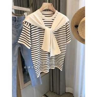 速发海军风撞披条纹恤衫夏装设计感假两件色肩t小针织上衣