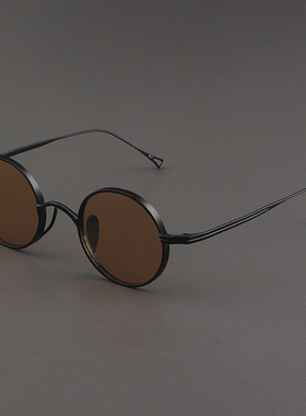 速发钛合偏近镜男小脸圆框复古度数墨视金光浅色太镜夏防晒