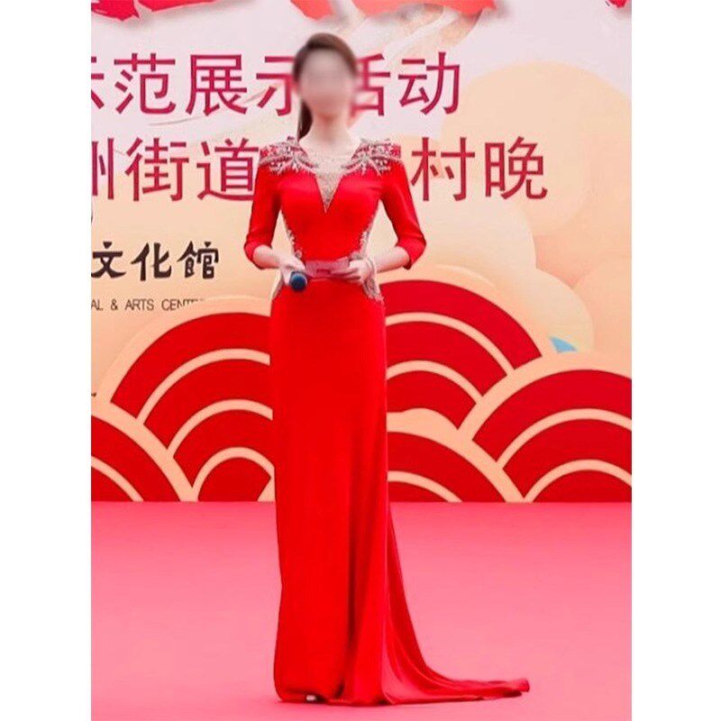 速发红色晚礼服裙2025新款高端轻奢小众长袖主持人端庄大气独唱演