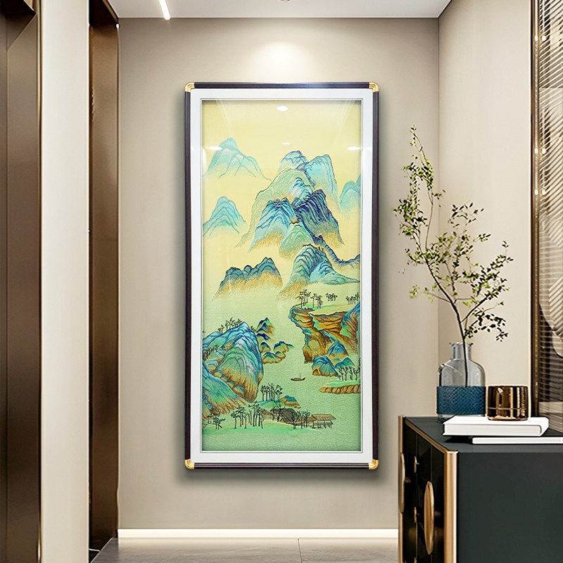 速发千里江画织锦绣装饰画2026新款入户玄关竖版刺绣画山水风景挂