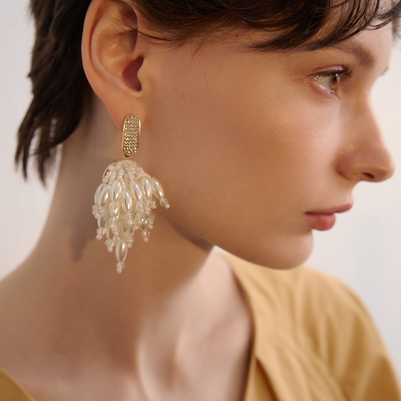 苏心手工串珠珍珠流苏耳环